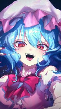 1girl :d blue_hair bow bowtie commentary_request fangs fingernails frilled_sleeves frills hair_between_eyes hat highres long_fingernails looking_at_viewer mob_cap nail_polish open_mouth pink_hat portrait puffy_short_sleeves puffy_sleeves purple_nails red_bow red_bowtie red_eyes remilia_scarlet sharp_fingernails short_hair short_sleeves slit_pupils smile solo teeth touhou tsubakiharuki upper_teeth_only