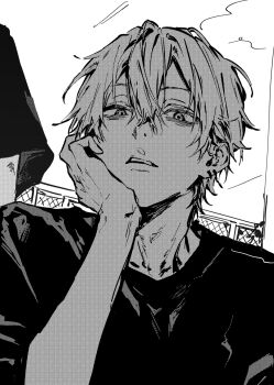 0k_sic 1boy chain-link_fence crew_neck double-parted_bangs fence greyscale hand_on_own_face head_rest highres looking_at_viewer male_focus monochrome original outdoors parted_lips shirt solo t-shirt upper_body