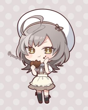 +_+ 1girl :t ahoge apron assault_lily asymmetrical_legwear beret black_ribbon black_thighhighs blush bow bowtie brown_shoes candy chibi chocolate chocolate_heart chocolate_on_face closed_mouth collared_shirt commentary_request eating food food_on_face frilled_apron frills full_body grey_background grey_bow grey_bowtie grey_skirt hand_on_own_cheek hand_on_own_face hands_up hat hat_bow heart heart-shaped_food high-waist_skirt highres holding holding_chocolate holding_food leg_ribbon looking_at_viewer multicolored_hair polka_dot polka_dot_background ponokaijo puffy_short_sleeves puffy_sleeves ribbon sasaki_ran shirt shoes short_sleeves skirt solo standing streaked_hair striped_bow striped_bowtie striped_clothes thigh_ribbon thighhighs twitter_username uneven_legwear v-shaped_eyebrows waist_apron white_apron white_hat white_shirt yellow_eyes