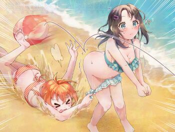 !? >_< 2girls accident accidental_exposure antenna_hair aqua_bikini aqua_eyes ass ball bang_dream! bare_arms bare_shoulders barefoot beach beachball bikini bikini_bottom_pull blush breasts brown_hair butt_crack cleavage closed_mouth crossed_bangs emphasis_lines fang frilled_bikini frills hair_between_eyes hair_ornament hairclip highres kitazawa_hagumi knees_together_feet_apart large_breasts leaning_forward leg_up long_hair multiple_girls navel ocean okusawa_misaki open_mouth orange_bikini orange_hair outdoors outstretched_arms parted_bangs polka_dot polka_dot_bikini pulling_another's_clothes sand shifo_514 short_hair shoulder_blush soles sweat sweatdrop swimsuit toes tripping wardrobe_malfunction watermark wet white_polka_dots