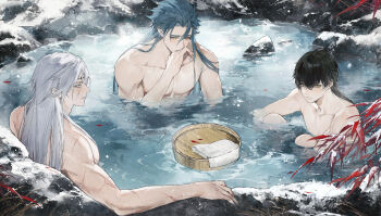 3boys absurdres black_hair blush bucket calcharo_(wuthering_waves) chinese_commentary closed_mouth collarbone commentary_request covering_own_mouth ear_piercing green_hair grey_hair highres jiyan_(wuthering_waves) long_hair looking_at_another looking_to_the_side male_focus male_rover_(wuthering_waves) multiple_boys onsen outdoors parted_lips partially_submerged piercing rover_(wuthering_waves) same-sex_bathing scales scar scar_on_arm secretfj520 shared_bathing tacet_mark_(wuthering_waves) toned toned_male towel water wet wooden_bucket wuthering_waves yellow_eyes