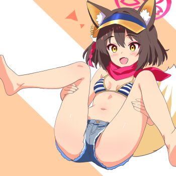 1girl :3 animal_ears bikini black_hair blue_archive brown_eyes commentary_request cutoffs denim denim_shorts fox_ears fox_girl fox_tail halo highres izuna_(blue_archive) izuna_(swimsuit)_(blue_archive) micro_shorts ochazuke_(artist) official_alternate_costume pink_halo pink_scarf scarf shorts smile solo spread_legs striped_bikini striped_clothes swimsuit tail visor_cap