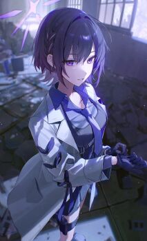 1girl absurdres adjusting_clothes adjusting_gloves black_hair blue_archive breasts coat debris flatshi gloves grey_shirt gun halo handgun highres holster indoors jacket long_sleeves necktie purple_eyes purple_halo purple_necktie rubble ruins shirt short_braid short_hair solo subaru_(blue_archive) thigh_holster weapon white_coat white_jacket