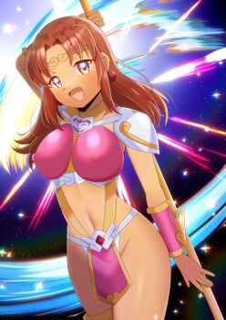 1girl :d arm_behind_head arm_up armor blush breasts brown_eyes brown_hair circlet commission copyright_request covered_erect_nipples fang groin holding kou_hiyoyo long_hair looking_at_viewer medium_breasts navel open_mouth pauldrons shoulder_armor skeb_commission smile solo tan