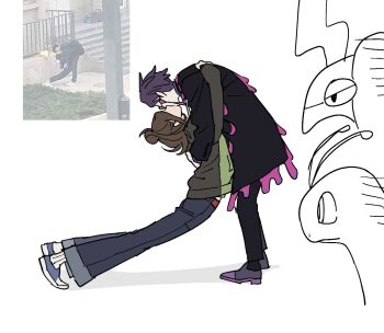 1boy 1girl arched_back black_coat black_pants brown_hair coat corbeau_(pokemon) gen_2_pokemon gen_5_pokemon glasses hair_bun harmony_(pokemon) hetero highres jacket kiss meganium nintendo pants partially_colored pkmnrkgk pokemon pokemon_legends:_z-a reference_inset scolipede shoes short_hair socks white_background