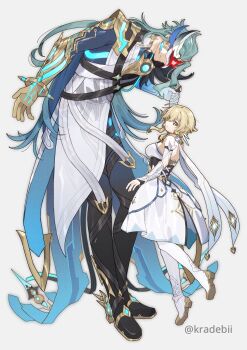 1boy 1girl absurdres black_pants blonde_hair blue_cape blue_hair boots breasts cape chest_height commentary detached_sleeves dottore_(genshin_impact) dress english_commentary eye_mask genshin_impact gold_trim grin height_difference highres kradebii long_hair looking_at_another looking_at_viewer lumine_(genshin_impact) mask medium_breasts mixed-language_commentary pants scarf short_hair_with_long_locks simple_background smile twitter_username white_background white_boots white_dress white_scarf white_sleeves yellow_eyes