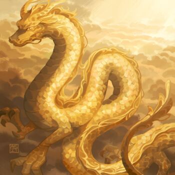 animal_focus artist_logo cloud cloudy_sky commentary day dragon driftwoodwolf eastern_dragon english_commentary logo no_humans original outdoors sky yellow_theme