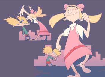 1boy 1girl arnold_shortman blonde_hair bow child commentary dress full_body hat helga_g_pataki hey_arnold! kinako_(moment) long_sleeves looking_at_viewer shirt short_hair simple_background toon_(style) twintails unibrow