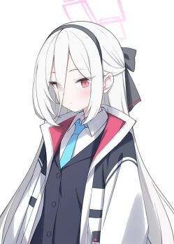 Rule 34 | 1girl, absurdres, arms at sides, black bow, black hairband, black jacket, black vest, blue archive, blue necktie, blush, bow, buttons, chinese commentary, closed mouth, collared shirt, commentary request, double-parted bangs, expressionless, eyes visible through hair, hair between eyes, hair bow, hairband, half updo, halo, highres, jacket, jyt, kei (blue archive), long bangs, long hair, long hair between eyes, long sleeves, looking at viewer, making-of available, multicolored jacket, necktie, open clothes, open jacket, partial commentary, pink eyes, pink halo, pink jacket, rectangular halo, school uniform, shirt, sidelocks, simple background, solo, upper body, vest, white background, white hair, white jacket, white shirt