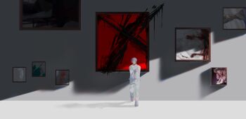 Rule 34 | 1boy, absurdres, against wall, art gallery, baggy clothes, barefoot, brown eyes, commentary, dappled sunlight, drop shadow, empty eyes, expressionless, facing viewer, foot against wall, hand on own arm, highres, holding, holding knife, indoors, knife, leaning back, looking down, looking to the side, male focus, original, paint, paint splatter, paint stains, painting (object), pants, picture frame, shade, standing, standing on one leg, sunlight, sweater, white hair, white pants, white sweater, yuhan (hyh6217)