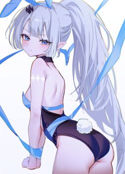 1girl absurdres animal_ears ass backless_leotard bare_shoulders black_leotard blue_eyes blue_leotard blue_ribbon blush bound bound_wrists breasts closed_mouth cowboy_shot diamond_hair_ornament fake_animal_ears fake_tail female_tyrant_(stella_sora) grey_hair highres leotard long_hair looking_at_viewer looking_back pipoccon playboy_bunny pointy_ears ponytail rabbit_ears rabbit_tail ribbon simple_background small_breasts solo stella_sora strapless strapless_leotard tail tyrant_(stella_sora) v-shaped_eyebrows very_long_hair white_background