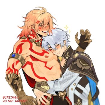 2boys anger_vein antenna_hair arm_tattoo armlet armor between_pectorals black_choker black_coat black_shirt blonde_hair blue_cape blush braid cape chest_tattoo choker clawed_gauntlets closed_eyes coat commentary criimsu earrings english_commentary facial_tattoo gold_earrings gold_necklace gradient_hair highres honkai:_star_rail honkai_(series) hug jewelry male_focus medium_hair multicolored_hair multiple_boys mydei_(honkai:_star_rail) neck_tattoo necklace open_clothes open_coat parted_bangs pauldrons pectorals phainon_(honkai:_star_rail) red_hair red_tattoo shirt short_hair shoulder_armor side_braid simple_background single_pauldron sun_symbol sun_tattoo tan tattoo twitter_username watermark white_background white_coat white_hair yaoi yellow_eyes