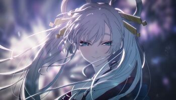 1girl blue_eyes blurry blurry_background cho_kaguya-hime! closed_mouth commentary_request floating_hair hair_ornament hair_rings hair_stick highres japanese_clothes kimono long_hair looking_at_viewer portrait runami_yachiyo sha_(euiorn) smile swept_bangs twintails white_hair