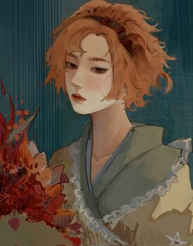 1other androgynous aqua_background asian black_hairband closed_mouth collarbone expressionless eyelashes flower frilled_jacket frills green_kimono hairband hatsburg highres jacket japanese_clothes kimono len&#039;en lipstick looking_at_viewer makeup orange_hair other_focus petals print_jacket realistic red_eyes red_flower red_lips short_hair simple_background solo star_(symbol) star_print thick_eyebrows thick_lips upper_body yellow_jacket zuifeng_tenkai