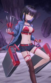 1girl bandeau belt black_hair black_leg_warmers black_shorts blue_jacket blue_shoes blunt_bangs breasts chaos_zero_nightmare chest_harness choker cleavage closed_mouth collarbone colored_inner_hair commentary_request ear_piercing gloves green_eyes groin harness highres jacket junsui_risei knife leg_warmers long_sleeves looking_at_viewer medium_breasts medium_hair midriff multicolored_hair navel open_clothes open_jacket partial_commentary piercing purple_hair red_bandeau red_choker red_gloves shoes short_shorts shorts sidelocks single_leg_warmer solo spaghetti_strap spiked_choker spiked_thigh_strap spikes standing standing_on_one_leg tressa_(chaos_zero_nightmare) two-tone_hair