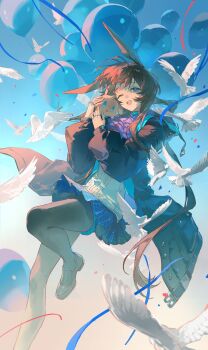 1girl absurdres amiya_(arknights) animal_ears arknights ascot balloon bird black_pantyhose black_shoes blue_eyes blue_ribbon blue_skirt brown_hair center_frills chinese_commentary choshanland_plushy_(arknights) commentary_request floating frills highres holding jacket jewelry leg_up loafers long_coat long_hair long_sleeves multiple_rings one_eye_closed open_clothes pantyhose plaid_clothes plaid_skirt ponytail purple_ascot rabbit_ears rabbit_girl red_ribbon ribbon ring ring_on_every_finger shirt shoes sidelocks skirt solo streamers thigh_strap very_long_hair white_bird white_shirt wu_tang_qishui_zhuanying_dian