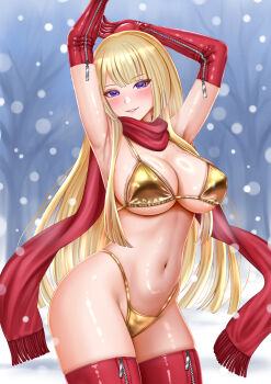 1girl arms_up assault_lily bare_tree bikini blonde_hair blunt_bangs blunt_ends blurry blurry_background blush breasts commentary_request cowboy_shot day elbow_gloves gloves gold_bikini highres imai_tomohiro large_breasts long_hair long_sleeves looking_at_viewer miyagawa_takane navel outdoors parted_lips purple_eyes red_gloves red_scarf red_thighhighs scarf smile snow snowing solo standing stomach string_bikini swimsuit thighhighs tree underboob very_long_hair winter zipper zipper_pull_tab