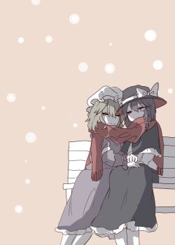 2girls absurdres arm_garter bench black_capelet black_hair black_hat black_skirt blonde_hair blush bow capelet closed_eyes commentary dress frills hair_between_eyes hand_on_another&#039;s_hand hat hat_bow highres long_dress long_skirt long_sleeves maribel_hearn mob_cap multiple_girls muraryo on_bench one_eye_closed purple_dress red_eyes red_scarf scarf shared_clothes shared_scarf shirt short_hair simple_background sitting skirt smile snow snow_print snowing socks touhou usami_renko white_arm_garter white_bow white_hat white_shirt white_socks winter yuri