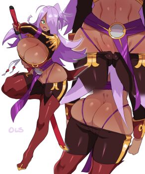 00s 0lightsource 1girl abs absurdres areola_slip ass backless_panties breasts bursting_breasts butt_crack cameltoe cleavage curvy dark_skin dimples_of_venus dragonaut garnet_mclane green_eyes groin highres hip_focus huge_ass huge_breasts leg_up lipstick long_hair looking_at_viewer lowleg makeup midriff multiple_views navel panties pantyhose purple_hair shiny_skin skindentation sword thick_thighs thighs thong undersized_clothes underwear v-string weapon whale_tail_(clothing) wide_hips