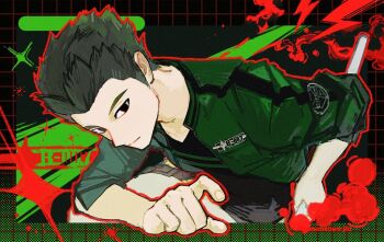 1boy black_eyes black_hair black_shirt closed_mouth commentary_request cowboy_shot fighting_stance green_background green_jacket holding holding_sheath jacket looking_at_viewer male_focus murakami_kou nekouchuu_jin sheath shirt short_hair sleeves_rolled_up solo world_trigger
