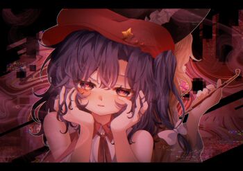 2girls absurdres bare_shoulders black_hat dolls_in_pseudo_paradise glitch hat hat_ornament head_rest heart heart-shaped_pupils highres holding holding_smoking_pipe jacket_girl_(dipp) label_girl_(dipp) letterboxed long_hair looking_at_viewer multiple_girls purple_hair red_hat smoking_pipe star_(symbol) star_hat_ornament symbol-shaped_pupils touhou yoshino_(q_sci)