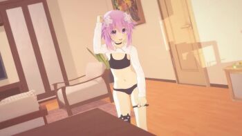 Rule 34 | 1girl, 3d, animated, bouncing breasts, breasts, dancing, highres, jiggle, legs, looking at viewer, navel, neptune (neptunia), neptune (series), open mouth, panties, purple eyes, purple hair, short hair, small breasts, smile, solo, sports bra, tagme, thighs, tongue, underwear, video, wide hips