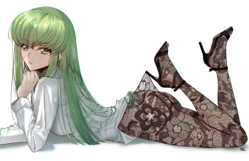 1girl blouse breasts budgiepon c.c. code_geass female_focus hands_on_own_chin high_heels highres lace_pantyhose_hooked_on_heel_(meme) lying on_stomach parted_lips shirt simple_background thighs white_background