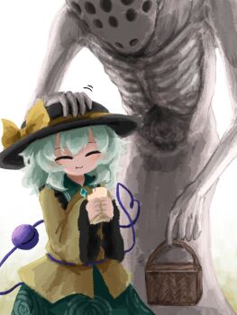 1girl basket black_hat commentary_request contrast_collar eating food green_hair green_skirt hair_between_eyes hat hat_ribbon heripantomorrow holding holding_basket holding_food komeiji_koishi long_sleeves monster ribbon shirt skirt third_eye touhou wide_sleeves yellow_ribbon yellow_shirt