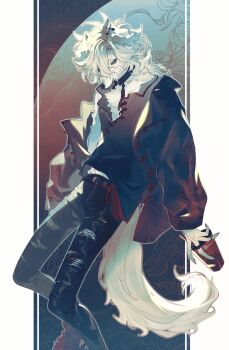 1boy black_jacket black_pants black_shirt blue_eyes body_fur claws collar commentary cup denim dog_boy ear_piercing foot_out_of_frame fuji_166 furry furry_male gauze gauze_on_cheek highres holding holding_cup jacket jeans jewelry looking_at_viewer male_focus midriff_peek multiple_rings open_clothes open_jacket original pants piercing ring shirt solo symbol-only_commentary tail torn_clothes torn_jeans torn_pants white_fur white_hair