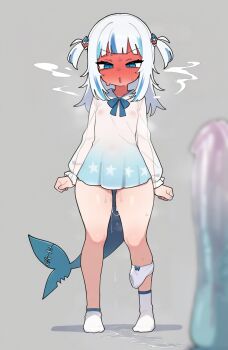 1girl ai-assisted blue_dress blue_eyes blue_hair blunt_bangs blurry blurry_foreground blush bow breasts brittle covered_erect_nipples dildo dress fins fish_tail flat_chest full-face_blush full_body gawr_gura grey_background grey_hair hair_ornament highres hololive hololive_english loli long_sleeves looking_at_viewer medium_hair multicolored_hair nipples nose_blush open_mouth panties panties_around_leg pussy_juice see-through_clothes sex_toy shark_girl shark_hair_ornament shark_tail simple_background small_breasts socks solo standing streaked_hair sweat tail two_side_up underwear virtual_youtuber white_hair white_panties white_socks