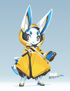 1boy 2018 absurdres animal_ears blue_eyeliner chinese_commentary cloak cloud_the_robot_rabbit colored_skin commentary electric_hearts english_commentary eyeliner full_body furry furry_male highres hood hooded_cloak joints krita_(medium) light_smile looking_at_viewer makeup open_mouth original parted_lips rabbit rabbit_boy rabbit_ears rabbit_tail robot robot_joints signature simple_background tail tsurime tyson_tan v-shaped_eyebrows white_skin yellow_cloak yellow_eyes