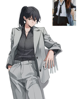1girl absurdres black_hair formal_clothes grey_suit gundam gundam_gquuuuuux highres nyaan_(gundam_gquuuuuux) otakulifewow photo-referenced photo_inset pinstripe_pattern pinstripe_shirt shirt simple_background solo striped_clothes striped_shirt suit vertical-striped_clothes vertical-striped_shirt white_background yellow_eyes