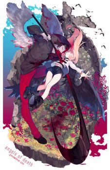 1boy 1girl angels_of_death black_cloak black_hair black_shorts black_wings blood blood_from_mouth blood_on_clothes blood_on_face bloody_weapon bloody_wings border catching chrysanthemum cloak closed_eyes evil_grin evil_smile falling feathered_wings field flower flower_field full_body graveweaver grin hair_flowing_over holding holding_scythe hood hood_up impaled knees_together_feet_apart midriff one_eye_covered ornate_border outdoors outstretched_arms pink_hair ray_(angels_of_death) rose scythe shirt short_hair shorts simple_bird smile striped_clothes striped_shirt too_many_flowers weapon white_wings wind wings zack_(angels_of_death)