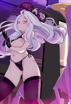 1girl absurdres ahoge amedibi black_bra black_gloves black_halo black_panties black_thighhighs blue_archive bra breasts cameltoe cleft_of_venus demon_girl demon_horns demon_wings gloves halo highres hina_(blue_archive) horns long_hair looking_at_viewer low_wings navel panties purple_eyes pussy small_breasts solo standing thighhighs thighs underwear very_long_hair white_hair wings