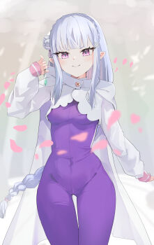 1girl absurdres bodysuit braid cape covered_navel cowboy_shot crown_braid diamond-shaped_pupils diamond_(shape) elf emilia_(re:zero) flower gem hair_flower hair_ornament highres long_hair long_sleeves looking_at_viewer mntt official_alternate_costume petals pointy_ears purple_bodysuit purple_eyes re:zero_kara_hajimeru_isekai_seikatsu shirt single_braid smug solo symbol-shaped_pupils thigh_gap very_long_hair white_cape white_flower white_shirt