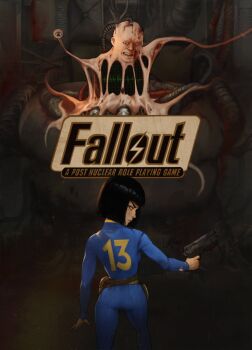 1girl belt black_hair bob_cut bodysuit cable copyright_name eyestalks fallout fallout_1 grey_eyes gun handgun highres looking_back monster the_master_(fallout) vankraut vault_dweller vault_suit weapon