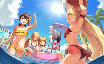 1st_generation_(hololive) 5girls ahoge akai_haato akai_haato_(hololive_summer_2019) aki_rosenthal aki_rosenthal_(hololive_summer_2019) animal_ears arm_garter arms_up ass ball beachball bikini bikini_skirt black_bikini black_choker blonde_hair blue_bikini blue_eyes blue_sky blush breasts brown_hair chair choker cleavage closed_eyes commentary detached_hair english_commentary eye_contact fisheye flower fox_ears frilled_bikini frills front-tie_bikini_top front-tie_top grey_hair groin hair_bun hair_flower hair_ornament headgear highres holding holding_ball holding_beachball holding_megaphone hololive layered_bikini lifeguard lifeguard_chair long_hair looking_at_another low_twintails lowleg lowleg_bikini megaphone multiple_girls natsuiro_matsuri natsuiro_matsuri_(hololive_summer_2019) navel o-ring o-ring_bikini o-ring_bottom official_alternate_costume official_alternate_hairstyle on_innertube one-piece_tan outdoors palm_tree red_bikini red_skirt ruffle_bikini rurikon shirakami_fubuki shirakami_fubuki_(hololive_summer_2019) short_hair side_up_bun sideboob single_side_bun skirt sky stomach summer sunflower sunflower_hair_ornament sunlight swimsuit tan tanline tree tropical twintails very_long_hair virtual_youtuber wading water yellow_bikini yozora_mel yozora_mel_(hololive_summer_2019)