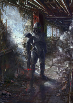 Rule 34 | absurdres, ambiguous gender, armor, commentary, debris, english commentary, full armor, glowing muzzle, gun, hammk, helmet, highres, holding, holding gun, holding weapon, indoors, military, original, power armor, solo, standing, weapon