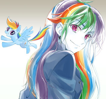 Rule 34 | 1girl, 5mmumm5, :d, animal, antenna hair, arms at sides, blonde hair, blue hair, blue jacket, blue skin, breasts, brown background, closed mouth, collared jacket, colored skin, commentary, drawstring, dual persona, earrings, english commentary, from behind, gradient background, green hair, grin, highres, jacket, jewelry, lightning bolt earrings, lightning bolt symbol, long hair, looking at viewer, looking back, multicolored hair, my little pony, my little pony: equestria girls, my little pony: friendship is magic, official alternate costume, open mouth, orange hair, pegasus, pink eyes, purple hair, rainbow dash, rainbow dash (equestria girls), rainbow hair, red hair, simple background, small breasts, smile, solo, streaked hair, two-tone background, upper body, v-shaped eyebrows, white background