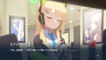 3girls aged_up alternate_costume alternate_hair_length alternate_hairstyle aqua_bow black_suit blonde_hair blue_archive blunt_bangs blurry blurry_background blush bow character_print closed_eyes closed_mouth collared_shirt commentary_request cosmetics facing_viewer fake_screenshot formal_clothes frown green_halo hair_bow hair_ornament hairclip halo hamachikichiki hand_up hands_up highres holding holding_lipstick_tube indoors jacket jacket_partially_removed kazusa_(blue_archive) lipstick_tube long_hair long_sleeves midori_(blue_archive) mika_(blue_archive) multiple_girls open_clothes open_jacket partial_commentary pink_hair poster_(object) profile school_uniform scrunchie shirt sidelocks smile solo_focus split_mouth straight_hair subtitled suit translated upper_body white_jacket white_shirt wide_sleeves wrist_scrunchie yellow_eyes yoshimi_(blue_archive)