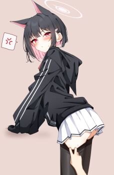 1girl 1other absurdres angry animal_ears black_hair black_hoodie blue_archive blush brown_background cat_ears clothes_pull colored_inner_animal_ears colored_inner_hair commentary extra_ears halo highres hood hoodie jacket kabocya_na kazusa_(blue_archive) looking_at_viewer multicolored_hair neckerchief pantyhose pantyhose_pull pink_hair pink_halo pink_neckerchief pleated_skirt pulling_another&#039;s_clothes red_eyes short_hair simple_background skirt solo_focus two-tone_hair white_skirt
