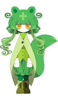 1girl animal_ears bear_ears boots cape closed_mouth funamusea funamusea_(artist) green_boots green_cape green_hair green_skirt green_socks looking_at_viewer multicolored_hair official_art rimalis_(funamusea) short_hair_with_long_locks skirt socks solo tail wavy_hair white_background yellow_eyes