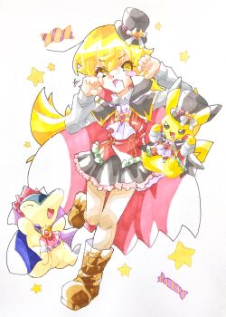1girl ascot black_cape black_eyes black_hat black_skirt blonde_hair blue_cape blush_stickers boots bow brooch brown_boots candy cape character_request claw_pose fang food foot_up frilled_skirt frills gen_1_pokemon gold_trim hair_between_eyes hair_flaps hands_up hat hat_bow highres jewelry jumping knees_together_feet_apart long_hair long_sleeves mini_hat mini_top_hat monogatari_(series) mystical_high_collar nintendo open_mouth oshino_shinobu pikachu pokemon pokemon_(creature) red_vest ringed_eyes shirt single_blush_sticker skin_fang skirt smile star_(symbol) star_symbol_background taste_colorful top_hat two-sided_cape two-sided_fabric very_long_hair vest white_ascot white_background white_bow white_shirt wrapped_candy yellow_eyes