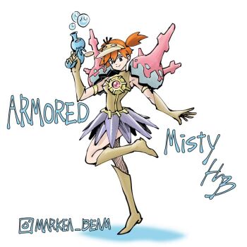 1girl alternate_costume boots bubble corsola cosplay elbow_gloves energy_gun gen_1_pokemon gen_2_pokemon gloves gun holding horsea knee_boots misty_(pokemon) nintendo orange_hair pokemon pokemon_(anime) pokemon_(classic_anime) pokemon_(creature) psyduck short_hair side_ponytail skirt smile solo standing standing_on_one_leg starmie staryu visor_cap water_gun weapon