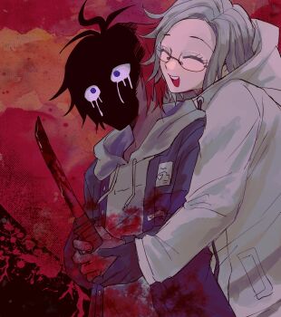 Rule 34 | 2boys, :d, ^ ^, ahoge, aotsuki eito, black gloves, blood, blood on clothes, bloody knife, blue eyes, blue jacket, closed eyes, commentary request, drawstring, dripping eye, glasses, gloves, grey hair, grey jacket, hand on another's hand, highres, holding, holding knife, holding weapon, hood, hoodie, jacket, jacket over hoodie, kawati, knife, male focus, multicolored jacket, multiple boys, open clothes, open jacket, open mouth, red hair, semi-rimless eyewear, shaded face, short hair, smile, spoilers, sumino takumi, the hundred line -last defense academy-, two-tone jacket, weapon, white hoodie, white jacket, wide-eyed