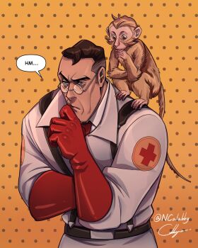 1boy animal animal_on_shoulder belt belt_buckle blue_eyes brown_belt brown_fur brown_hair buckle cabbage_(ncalabby) coat collared_coat collared_shirt cropped_torso cross cross_print elbow_gloves glasses gloves hand_to_own_chin hand_up harness highres lab_coat looking_down male_focus mature_male medic_(tf2) monkey muscular muscular_male necktie orange_background polka_dot polka_dot_background red_gloves red_medic_(tf2) red_necktie rubber_gloves shirt short_hair signature simple_background speech_bubble suspenders team_fortress_2 thinking white_coat white_shirt