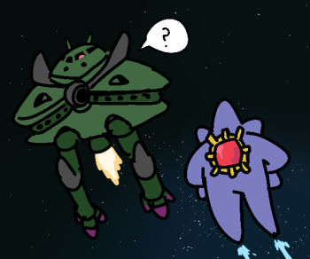 2others ? big_zam commentary creature crossover gem gen_1_pokemon gundam jazz_jack long_legs mecha mega_pokemon mega_starmie mobile_armor mobile_suit_gundam multiple_others nintendo no_humans pokemon pokemon_(creature) red_gemstone robot space starmie thrusters