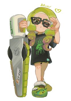 1girl adjusting_eyewear black-framed_eyewear black_shirt black_shorts closed_mouth commentary crocs dolphin_shorts drill_hair full_body glasses green_eyes green_footwear green_hair hand_on_eyewear highres holding holding_weapon long_hair nintendo octoling octoling_girl octoling_player_character one_eye_closed parted_bangs print_shirt shirt short_sleeves shorts simple_background solo splatana_stamper_(splatoon) splatoon_(series) splatoon_3 standing suction_cups symbol-only_commentary tentacle_hair totocosakana twin_drills watermark weapon white_background