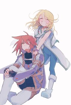 2boys absurdres black_bodysuit blonde_hair bodysuit boots bracelet brown_eyes closed_eyes eyes_visible_through_hair fingerless_gloves gloves hands_on_another's_shoulders highres jacket jewelry kratos_aurion kratos_aurion_(judgment) leaning_forward long_hair long_sleeves looking_at_another male_focus mithos_yggdrasill multiple_boys nancykittyu open_mouth red_hair simple_background sitting sleeveless smile spiked_hair tales_of_(series) tales_of_symphonia thigh_boots white_background white_boots white_jacket