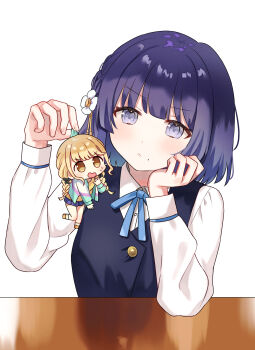 2girls absurdres blonde_hair blue_ribbon blue_vest blush braid chibi chiune_(yachi) collared_shirt commentary_request elbows_on_table flower fujita_kotone gakuen_idolmaster grey_eyes hair_flower hair_ornament hataya_misuzu hatsuboshi_gakuen_school_uniform head_rest highres idolmaster long_sleeves looking_at_another mole mole_under_mouth multiple_girls neck_ribbon purple_hair ribbon school_uniform shirt short_hair twin_braids vest white_background white_shirt